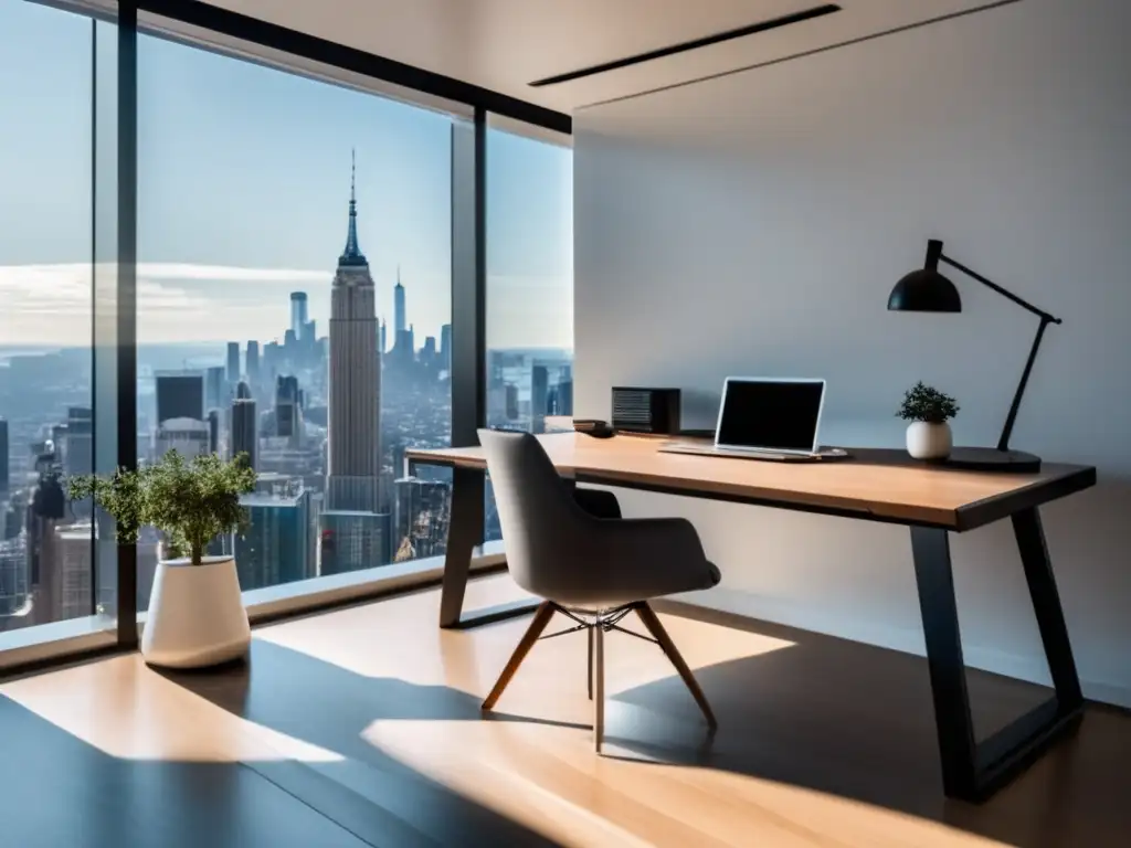 Espacio de trabajo minimalista con escritorio moderno, ordenado y vista panorámica de la ciudad