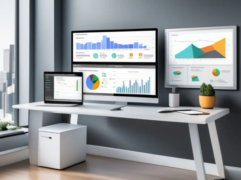 Espacio de trabajo minimalista con monitor mostrando dashboard de Google Analytics y palabras clave 