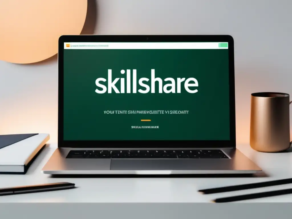 Imagen de laptop con logo de Skillshare mostrando página de 'Programa de Afiliados', con estética profesional y destacando beneficios del programa