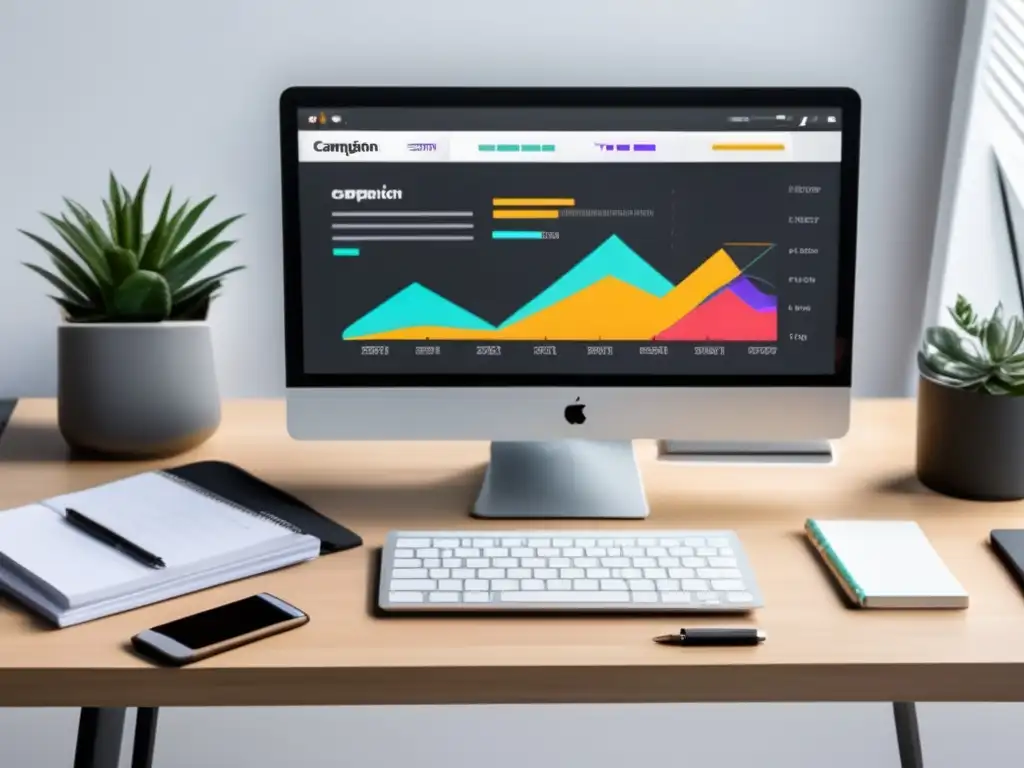 Recursos análisis campañas afiliados: espacio minimalista, escritorio blanco con laptop negra, dashboard intuitivo y gráficos coloridos de métricas