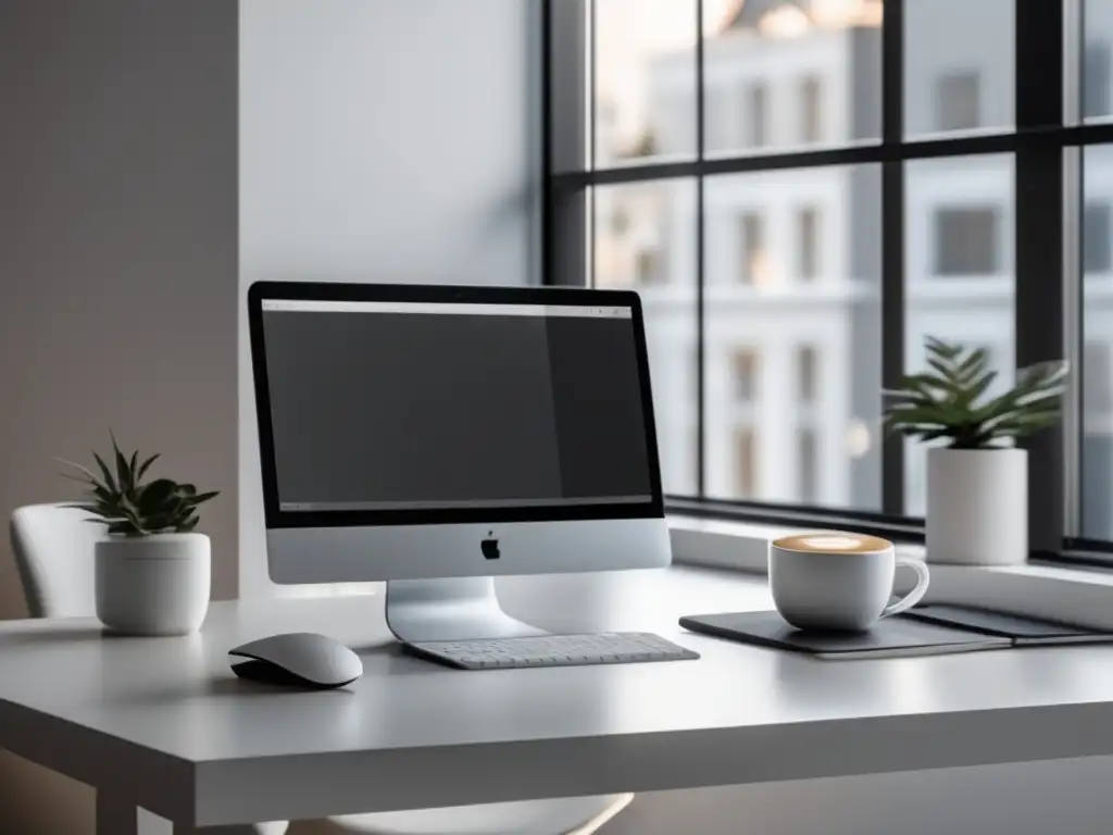 Espacio de trabajo minimalista con escritorio blanco, laptop, cuaderno y taza de café