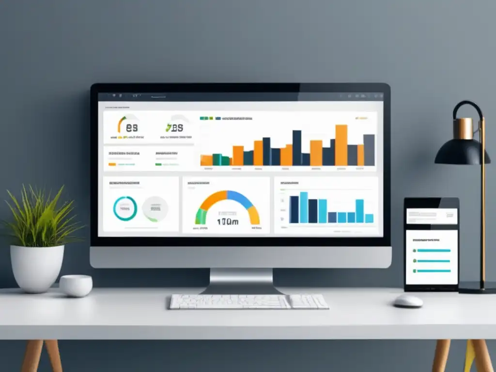 Espacio de trabajo minimalista con escritorio blanco y monitor de alta resolución que muestra un panel de control avanzado de marketing de afiliados con herramientas de segmentación