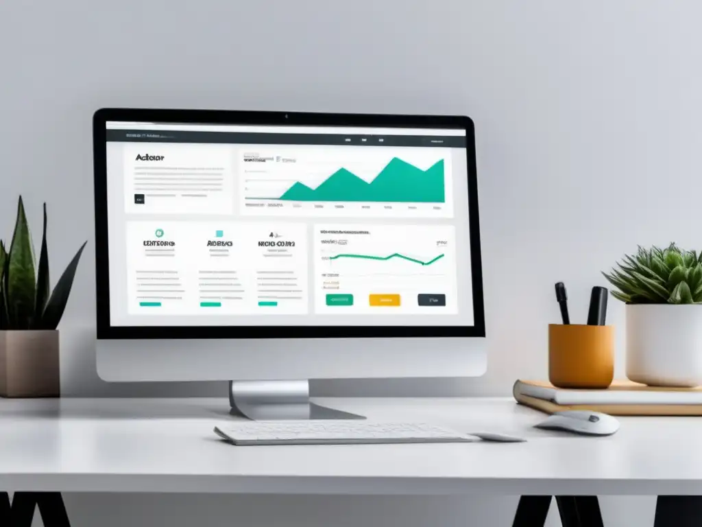 Escritorio minimalista con monitor y diseño web profesional, SEO y marketing de afiliados