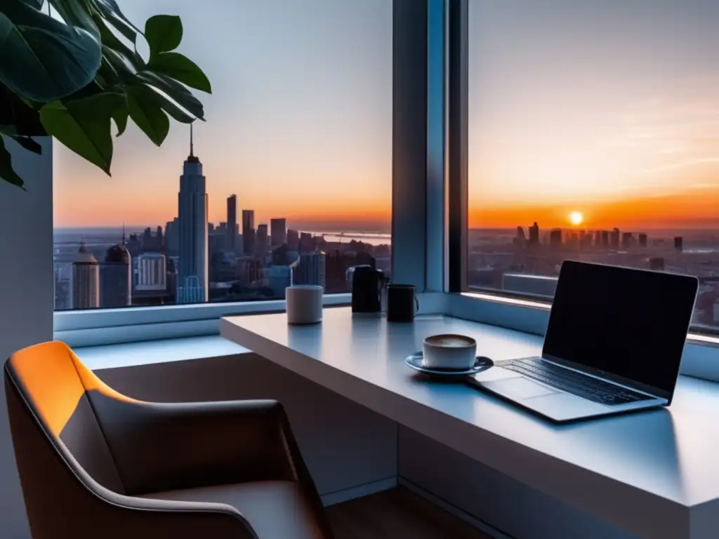 Espacio de trabajo minimalista con vista a la ciudad al atardecer