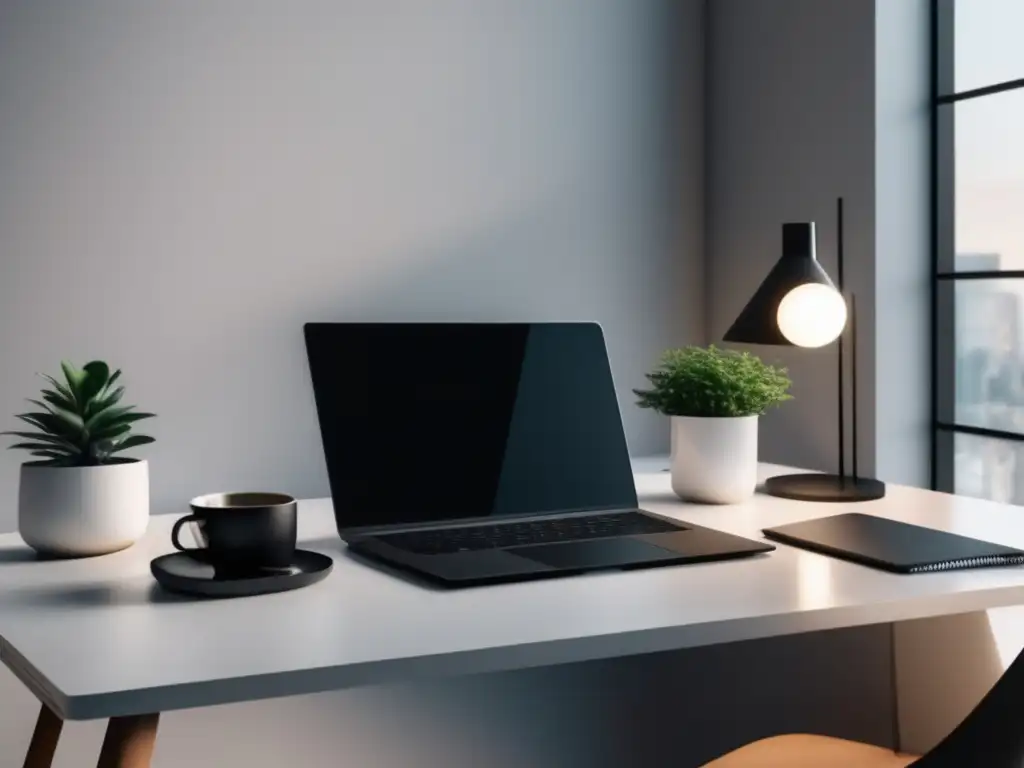 Espacio de trabajo minimalista con escritorio elegante y laptop en ambiente moderno - Estrategias efectivas para el marketing de afiliados