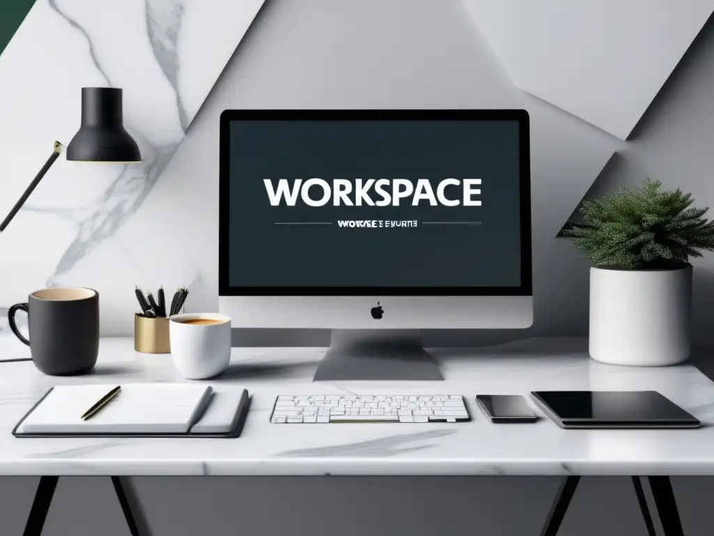 Espacio de trabajo minimalista en 8k con escritorio de mármol blanco, laptop y recursos para aprender marketing de afiliados