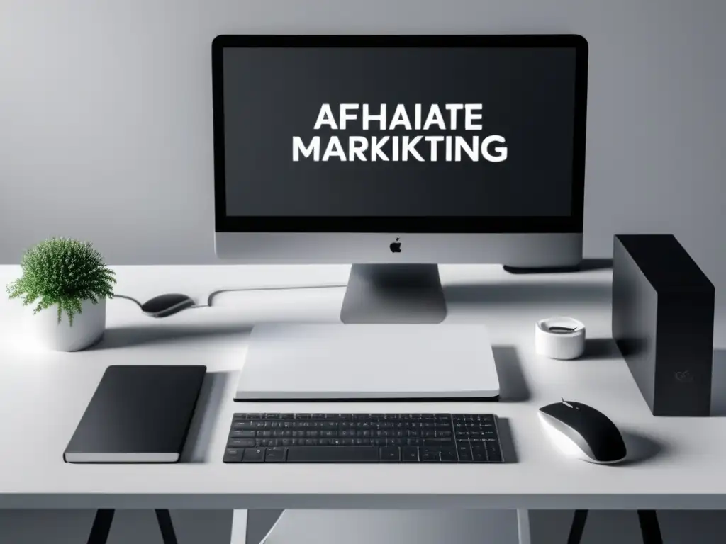 Espacio de trabajo minimalista con herramientas y recursos para marketing de afiliados