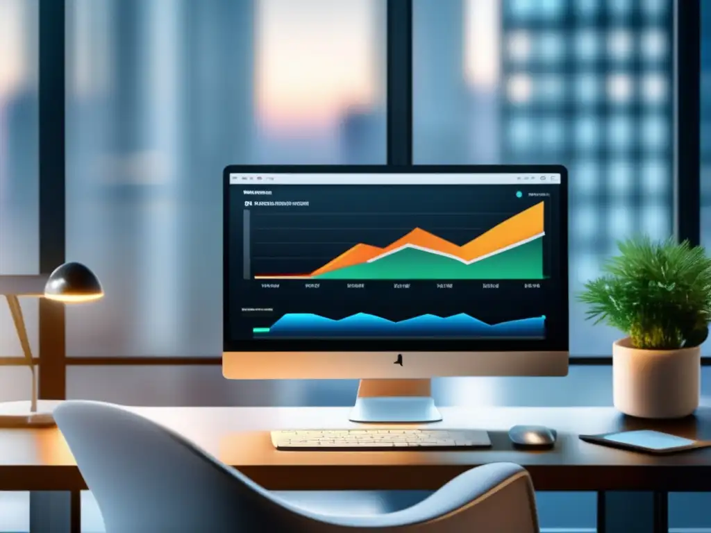 Moderno espacio de trabajo con laptop y dashboard de análisis de datos, destacando herramientas de afiliados