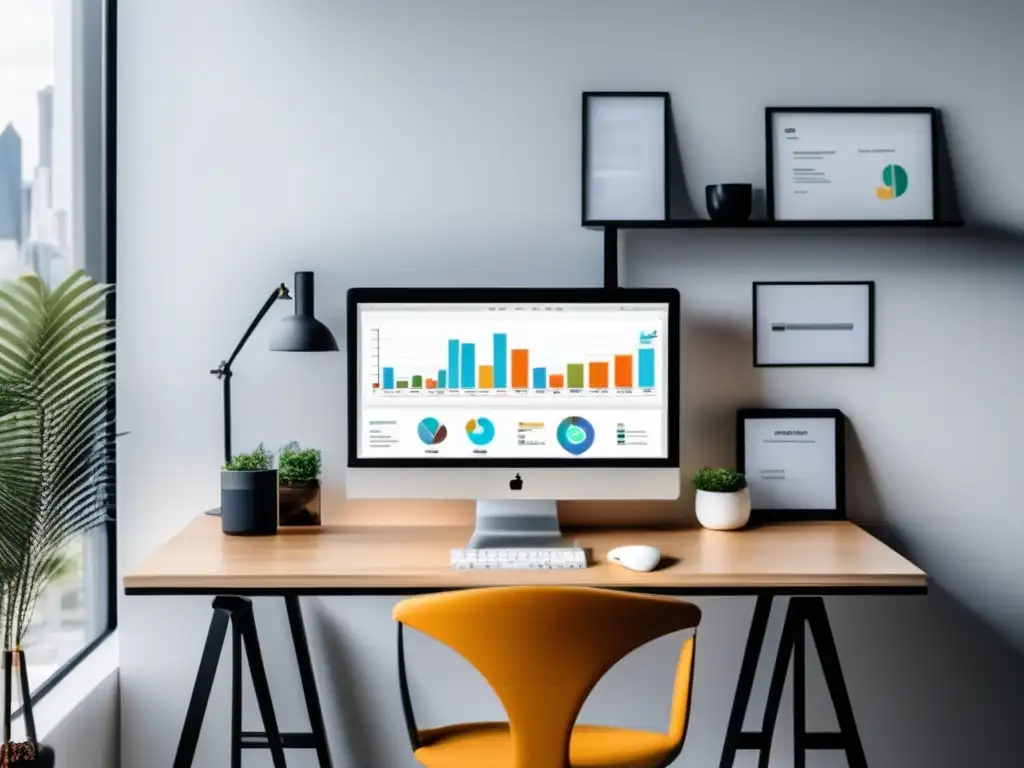 Espacio de trabajo minimalista con monitor mostrando herramientas de investigación de palabras clave y análisis de datos, ideal para estrategias de optimización en marketing de afiliados