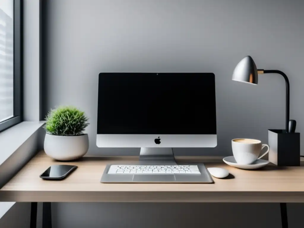 Espacio de trabajo minimalista con escritorio blanco y accesorios profesionales