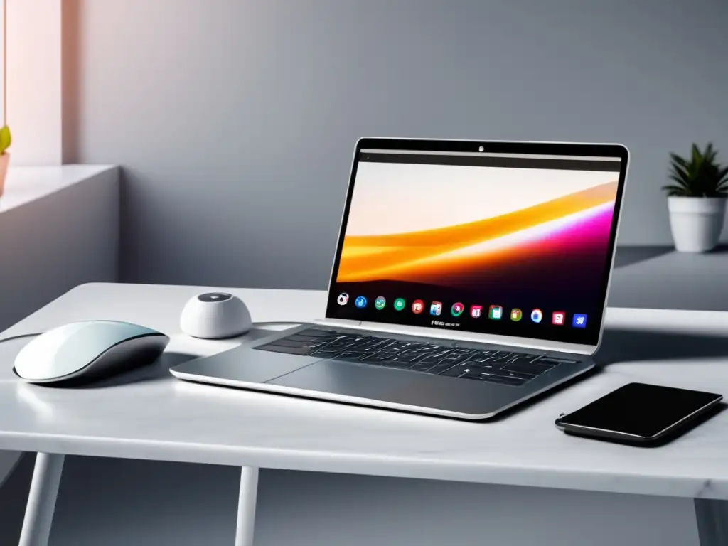 Espacio de trabajo minimalista con escritorio de mármol blanco, Chromebook, extensiones de Chrome para marketing de afiliados