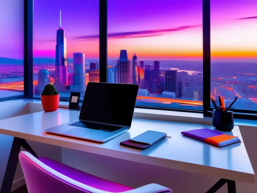 Espacio de trabajo minimalista y moderno con vista a la ciudad al atardecer