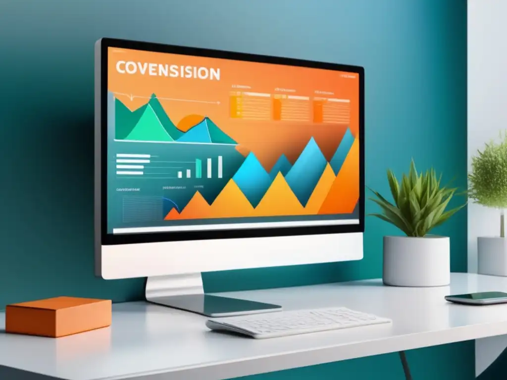 Espacio de trabajo moderno con monitor de alta resolución y visualización de datos para optimización de conversiones en marketing de afiliados