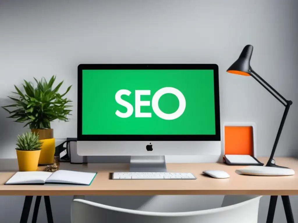 Espacio de trabajo moderno con herramientas de SEO y elementos decorativos