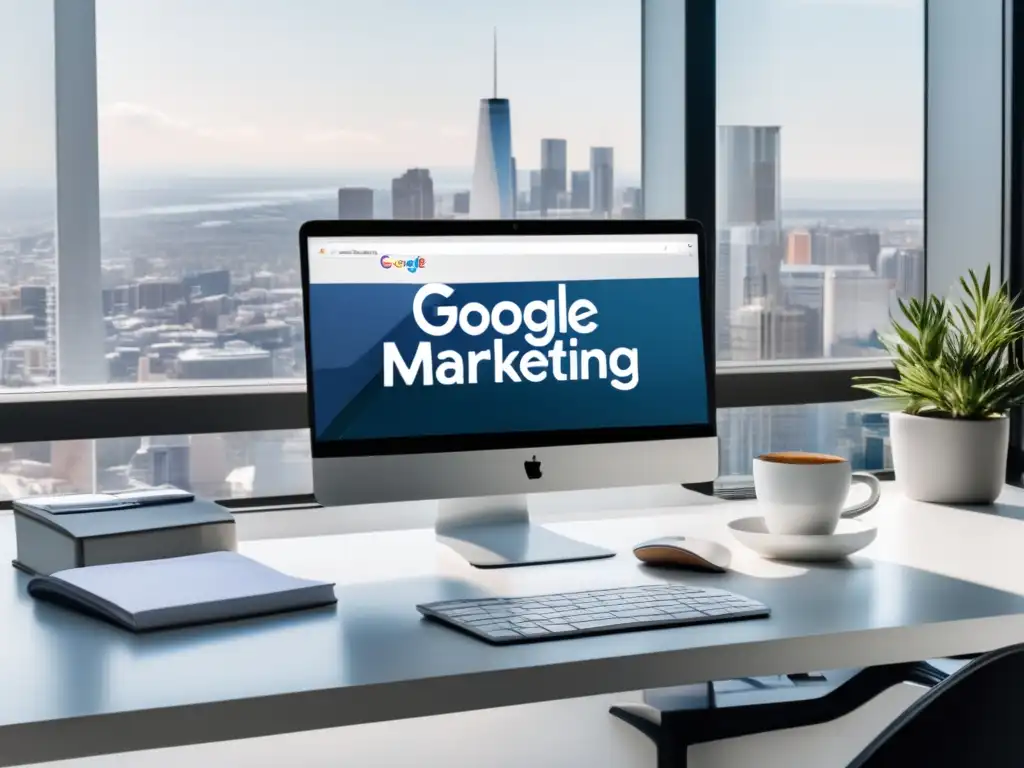 Espacio de trabajo minimalista con escritorio blanco, monitor de alta resolución mostrando el logo de certificación de Google Ads, notas manuscritas sobre estrategias de marketing de afiliados, café y libros esenciales de marketing