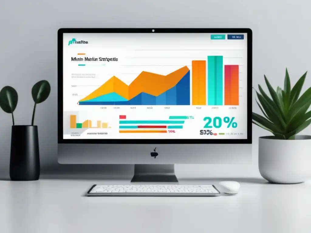 Estrategias avanzadas de marketing de afiliados en una imagen moderna y minimalista con una laptop y gráficos de estadísticas