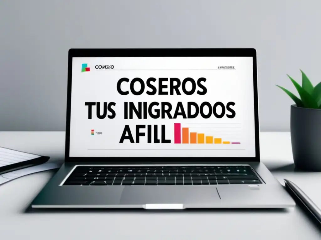 Laptop en escritorio blanco con gráfico de ingresos y consejos para triplicar ingresos en marketing de afiliados