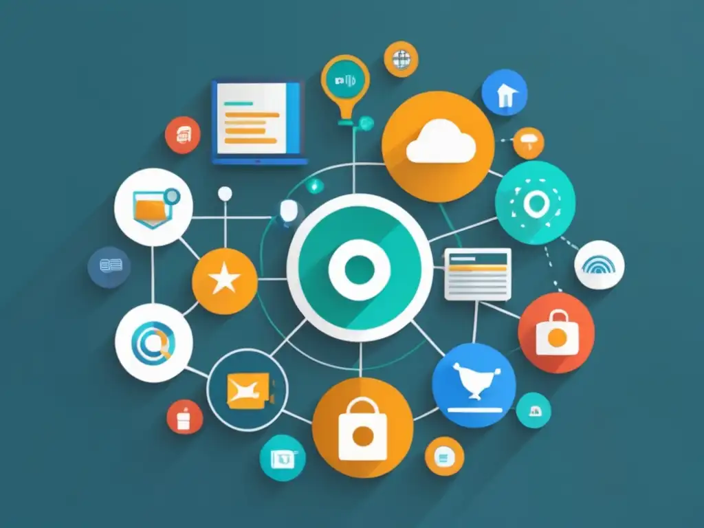 Estrategias clave para el marketing de afiliados: red de iconos interconectados con magnifying glass, graph y handshake