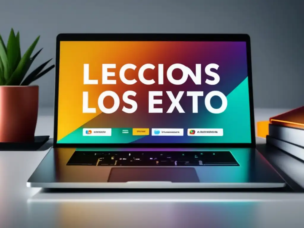 Éxito en Marketing de Afiliados: Laptop con gráficos vibrantes y herramientas de marketing, en un ambiente profesional y sofisticado