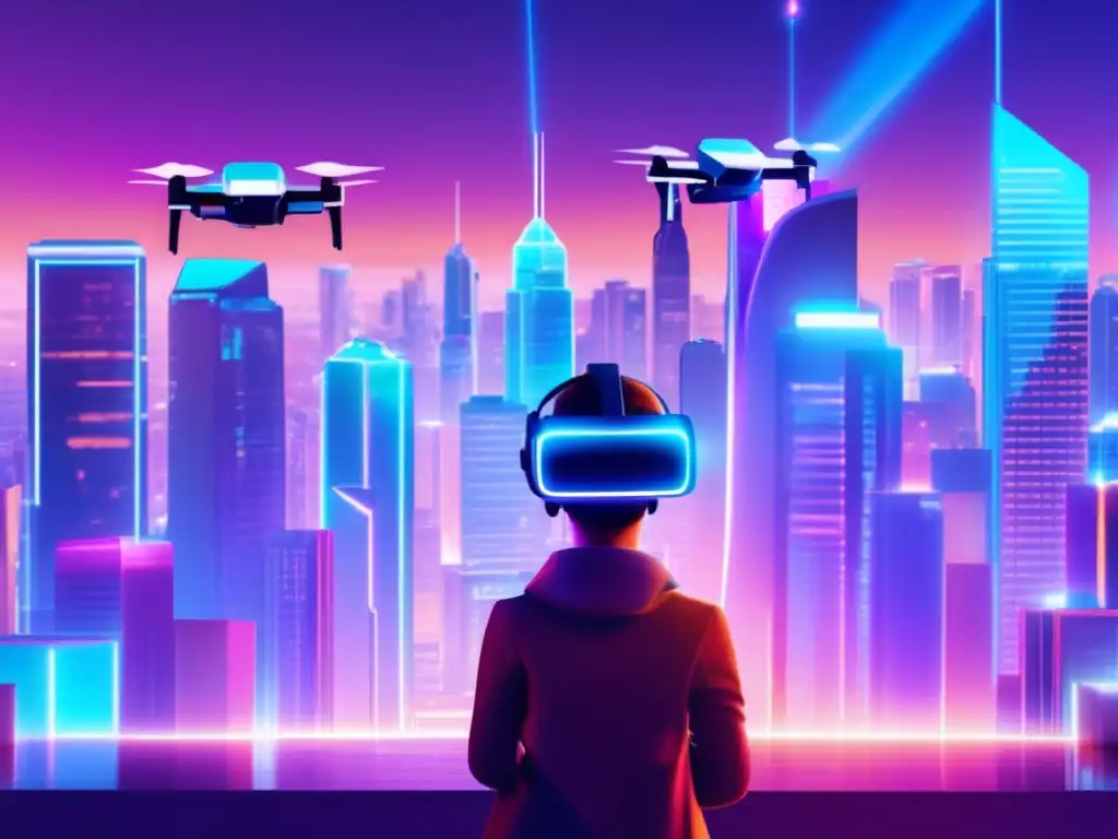 Futurista ciudad con rascacielos, realidad virtual y tendencias en el marketing de afiliados