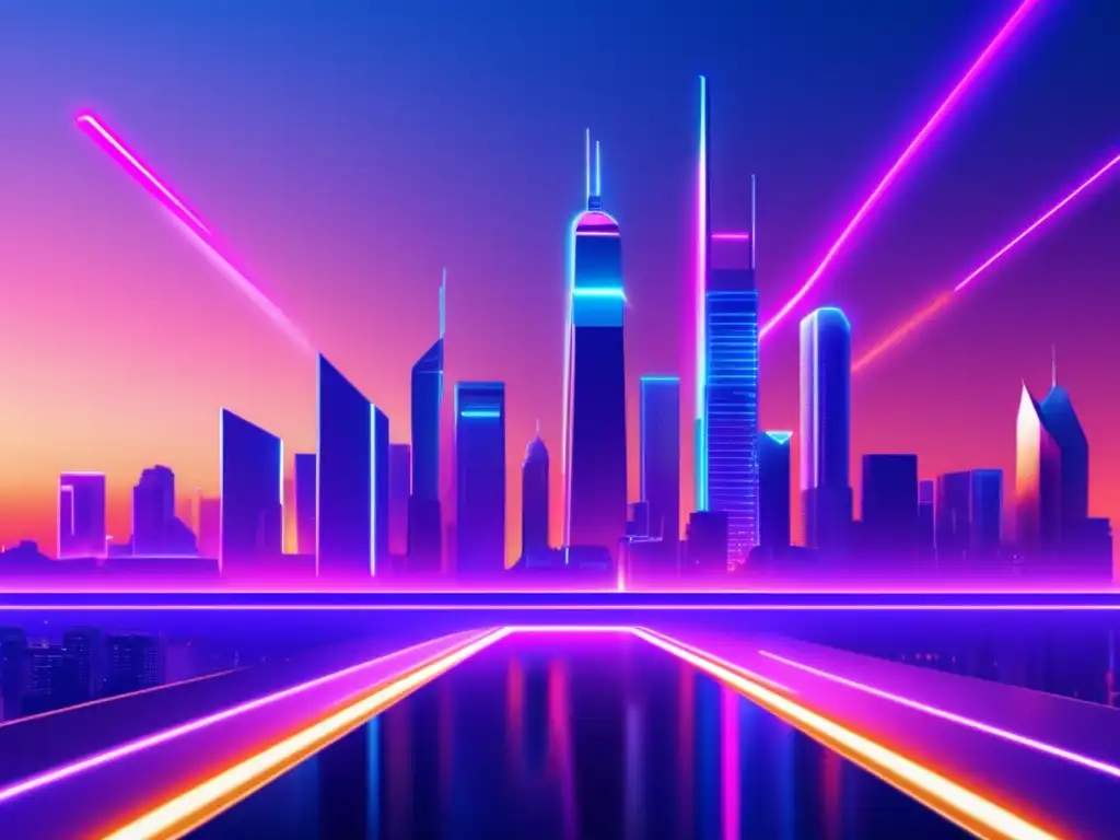 Imagen de paisaje digital futurista con skyline vibrante y optimización de conversiones en marketing de afiliados