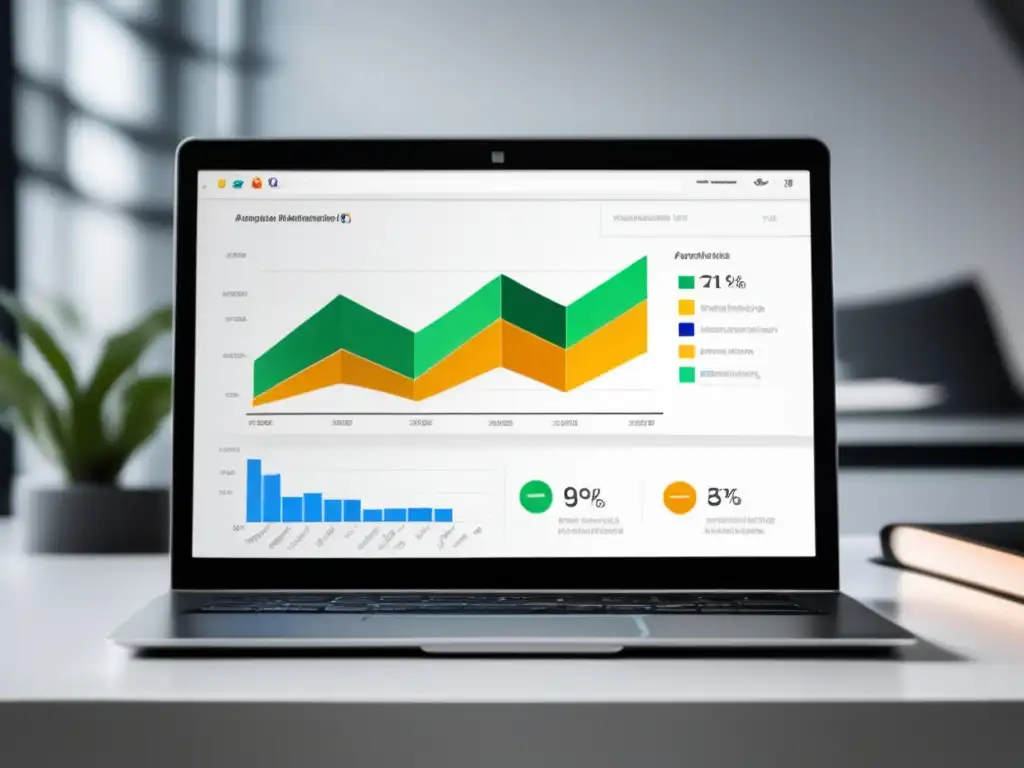 Imagen: Laptop moderno en escritorio blanco, gráfico de Google Analytics muestra éxito en marketing de afiliados