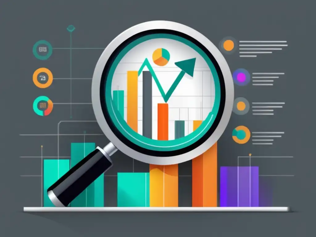 Ilustración moderna de una lupa en un gráfico con datos de marketing de afiliados