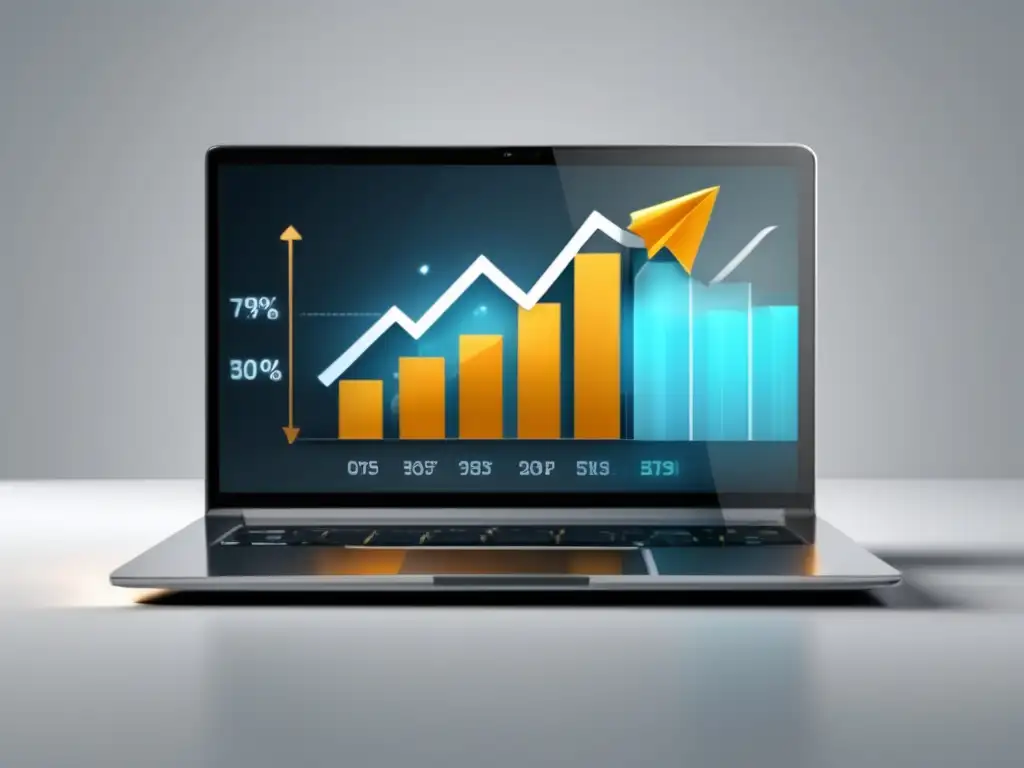 Imagen de laptop con gráfico de crecimiento de marketing de afiliados y leyes actuales en 110 caracteres