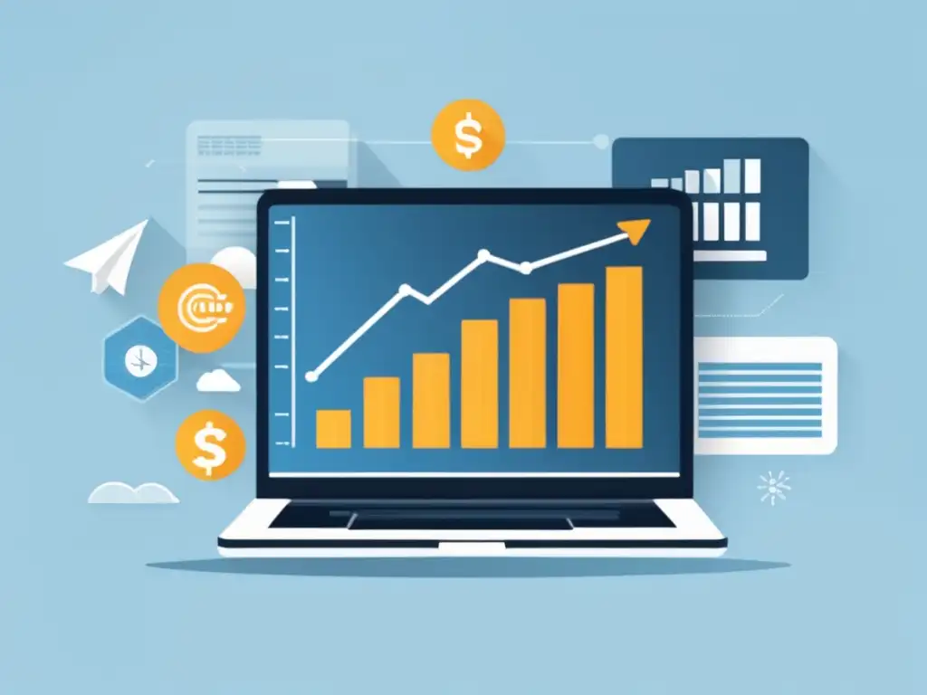 Laptop muestra gráfico de ventas y programas afiliados CPA efectivos