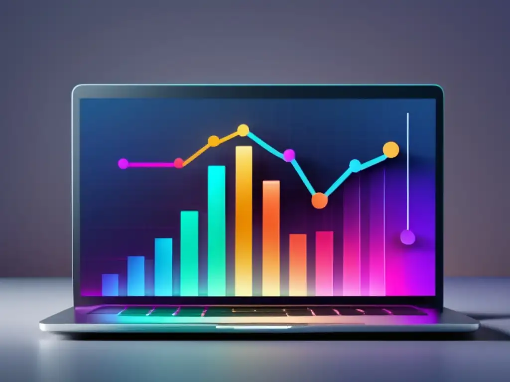 Laptop moderno con teclado vibrante iluminado y gráfico de crecimiento de tráfico orgánico, enfatizando estrategias de SEO para marketing de afiliados