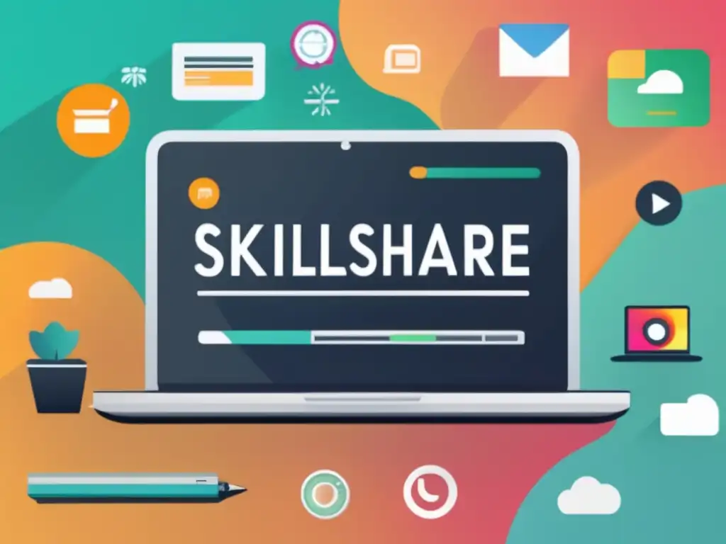 Laptop minimalista con logo Skillshare y diversos iconos que representan disciplinas creativas