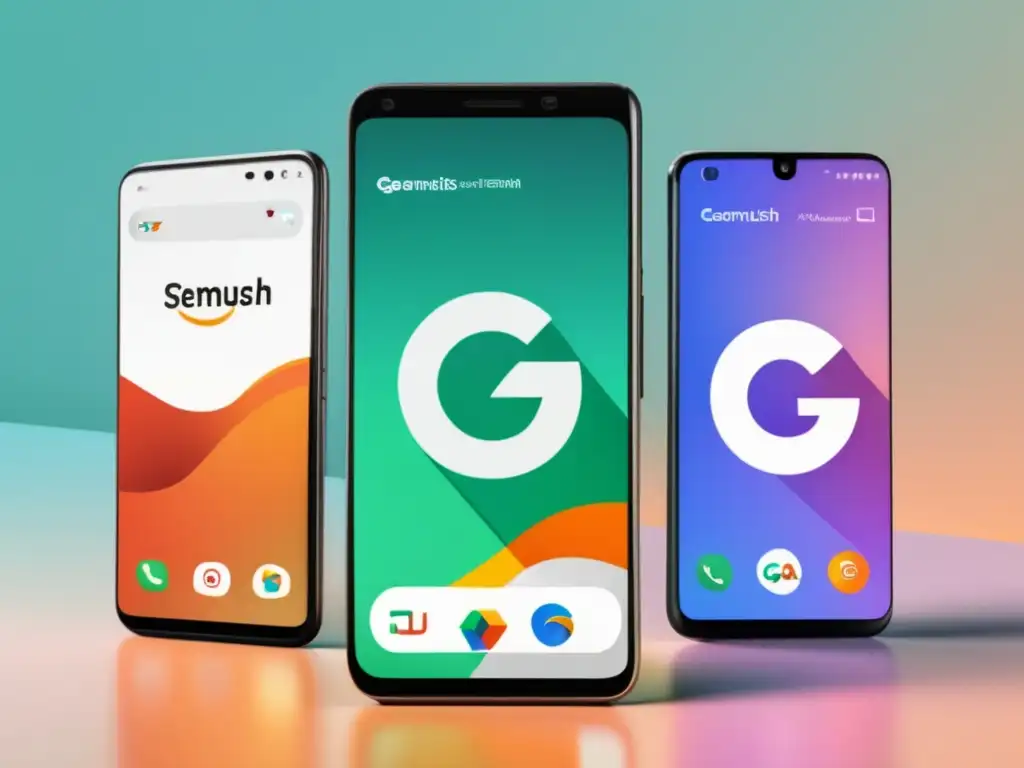 Herramientas SEO para marketing de afiliados con smartphones modernos y logos de Google y SEMRush