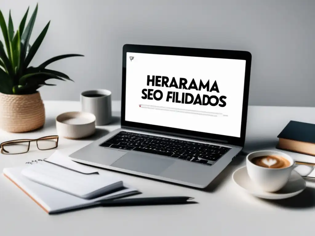 Escritorio blanco minimalista con laptop y herramientas SEO para marketing de afiliados