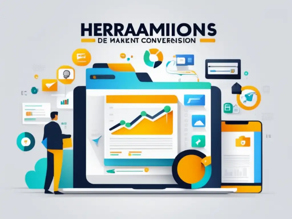 Herramientas de conversión en marketing de afiliados: íconos digitales representando optimización y análisis