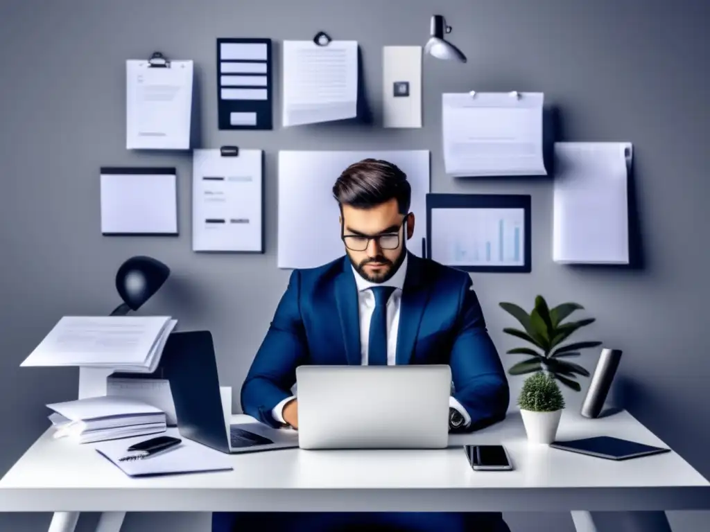 Persona trabajando en escritorio blanco, rodeado de herramientas de marketing