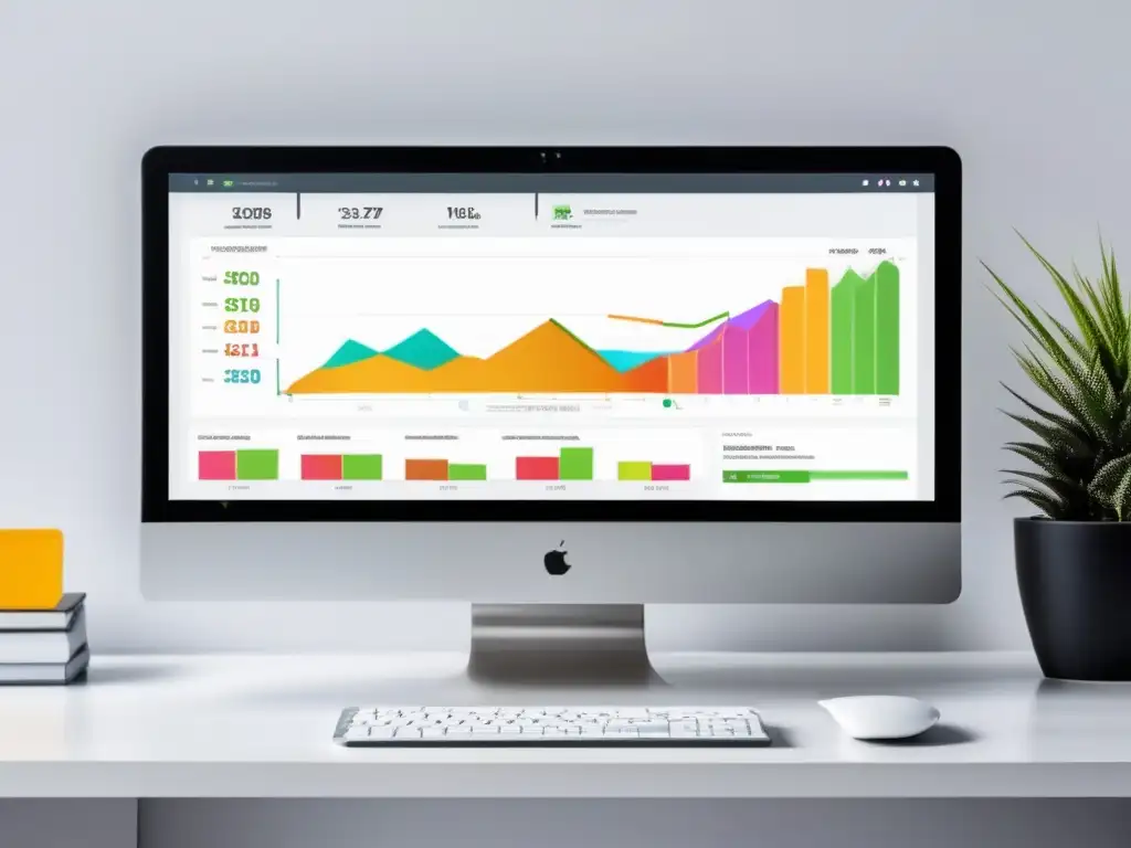 Computadora moderna con dashboard de herramientas de automatización para afiliados