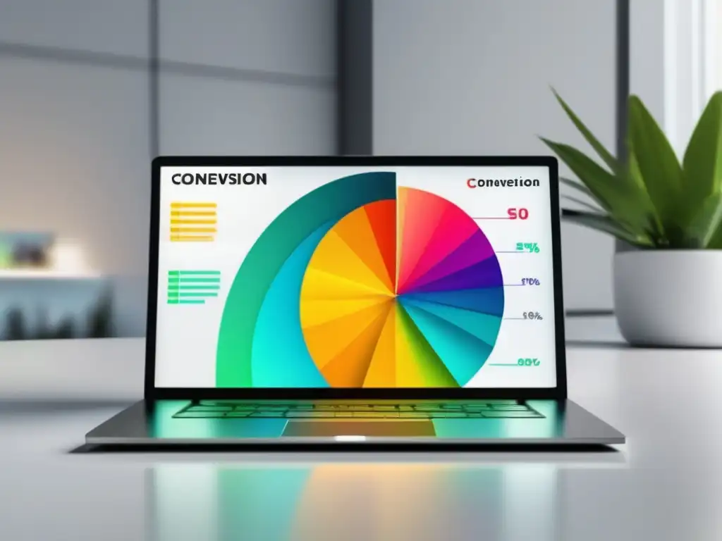 Laptop moderno con gráfica de conversiones y accesorios minimalistas - Estrategias para aumentar conversiones en marketing de afiliados