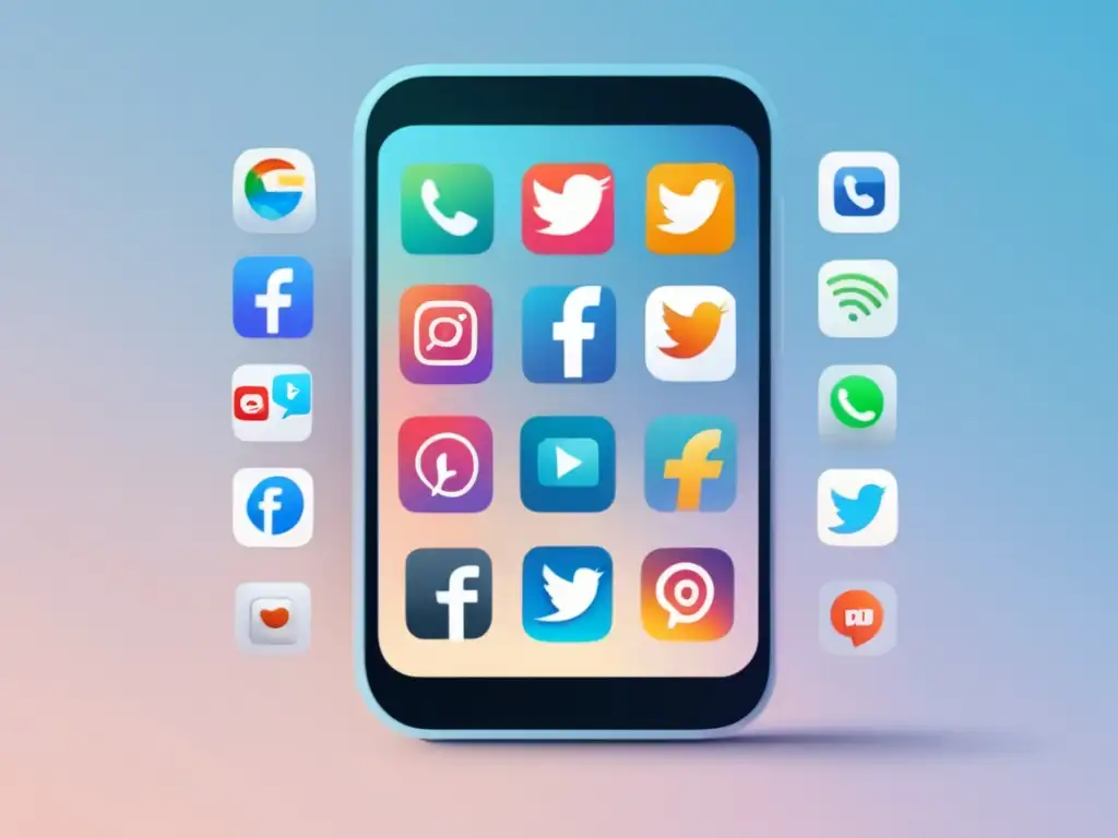 Smartphone con pantalla limpia y elegante mostrando iconos de redes sociales en un patrón de cuadrícula