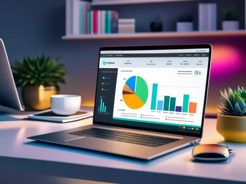 Imagen: Laptop en escritorio con dashboard de marketing de afiliados y estrategias efectivas -