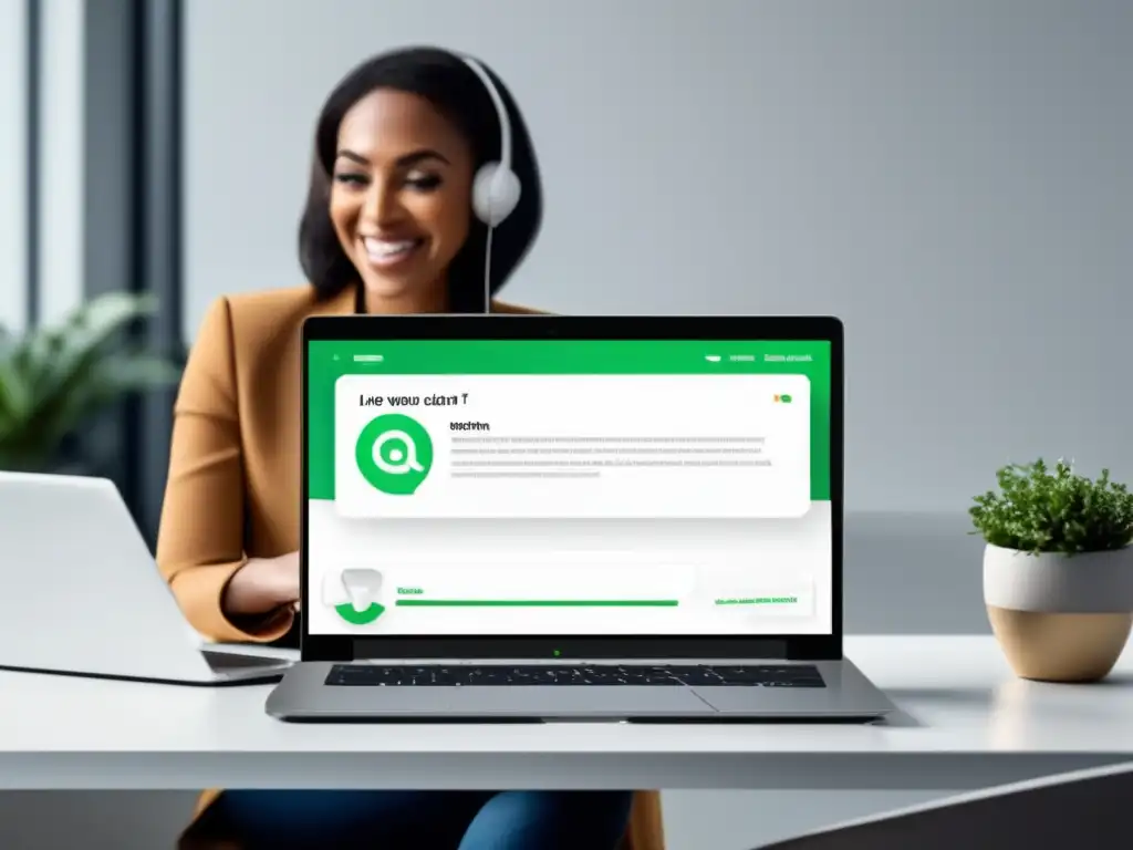 Moderno escritorio con laptop y chat en vivo: herramientas para mejorar conversiones en marketing de afiliados