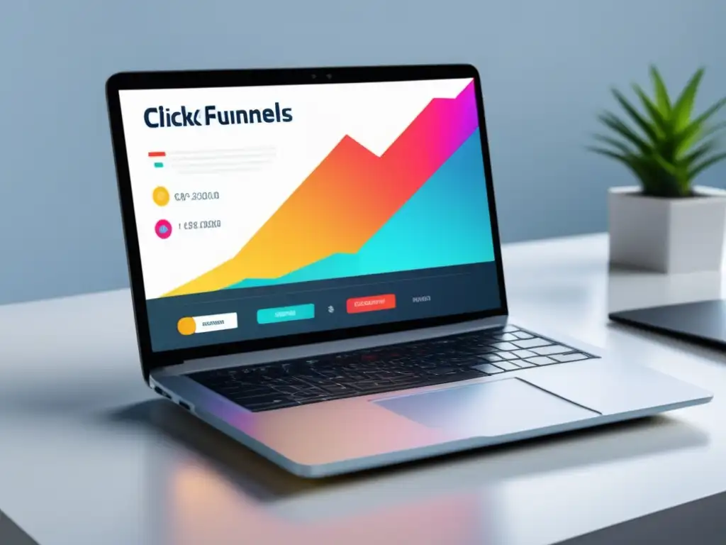 Laptop blanco en escritorio con gráfico de éxito del programa de afiliados de ClickFunnels