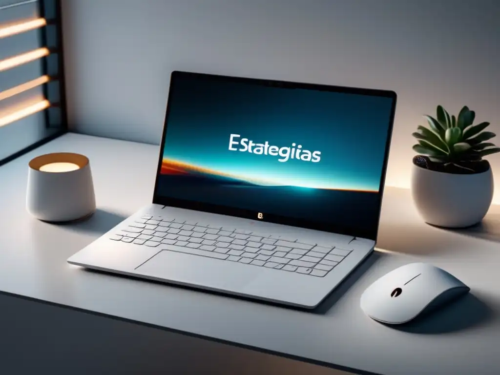 Laptop moderno de diseño minimalista con teclado retroiluminado, rodeado de un espacio de trabajo minimalista con accesorios estratégicos