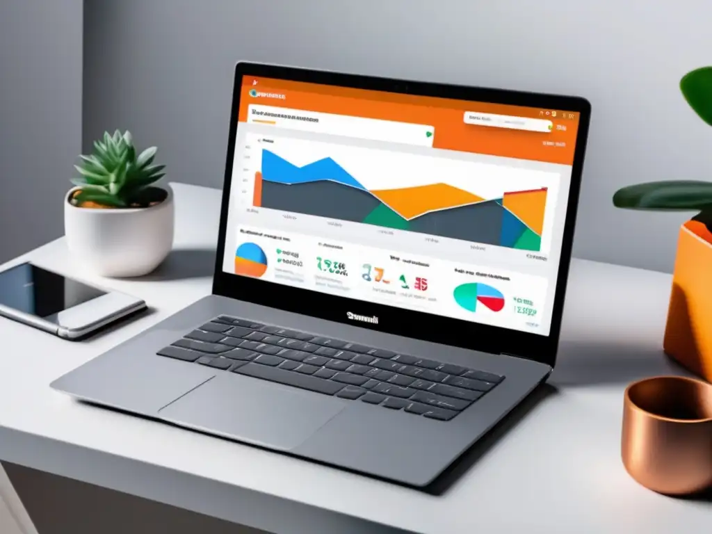 Laptop moderno en escritorio blanco con dashboard de Google Analytics, SEMrush y Ahrefs para estrategias de marketing de afiliados