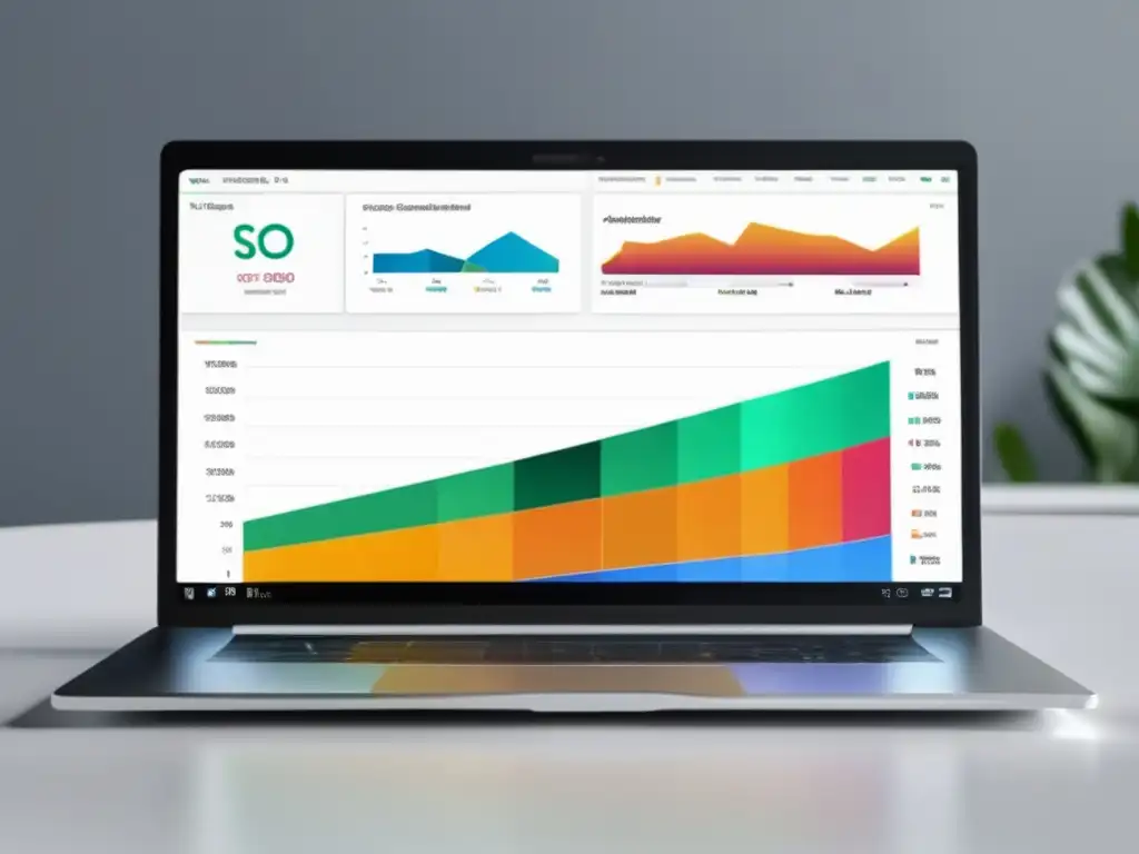 Laptop moderno con dashboard SEO, gráficos y herramientas para programas de afiliados con mejores comisiones