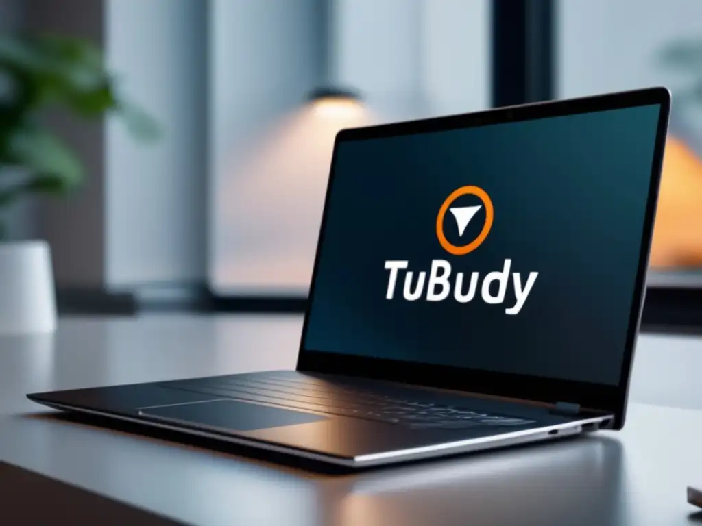 Ultradetallada imagen 8k de un elegante y moderno portátil con el logo de TubeBuddy en su pantalla