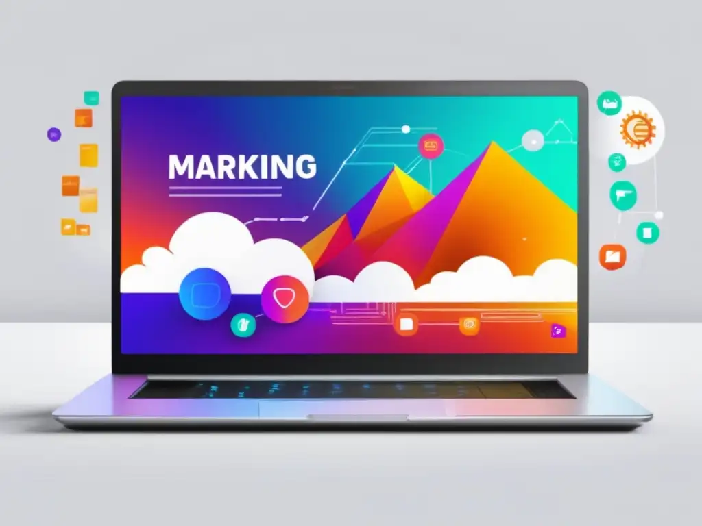 Laptop moderno con diseño minimalista e impactante, muestra paisaje digital vibrante y elementos de marketing de afiliados