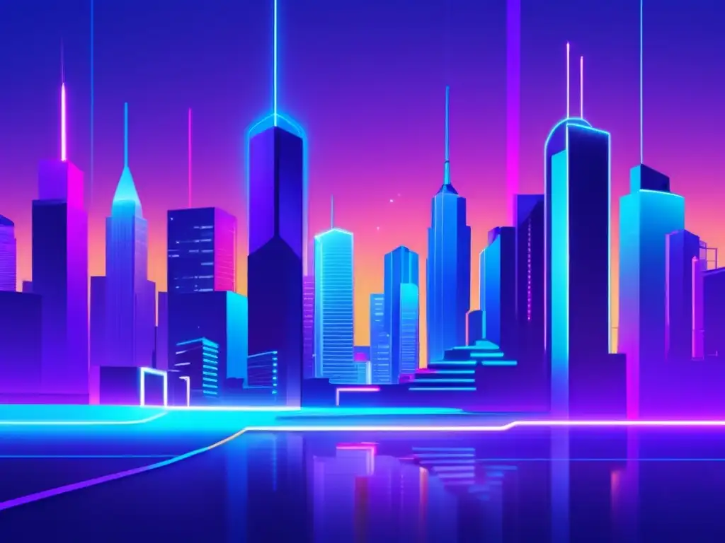 Paisaje digital futurista con rascacielos, luces de neón y conexiones, reflejando el SEO en marketing de afiliados