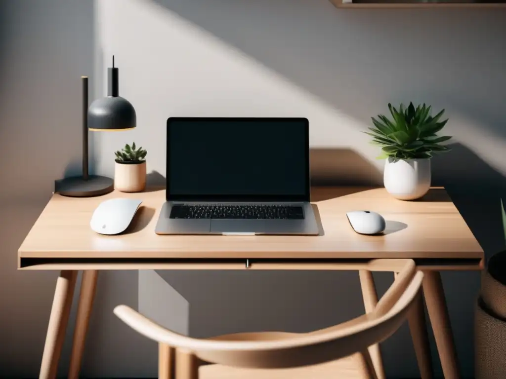 Espacio de trabajo minimalista con escritorio moderno, laptop, mouse inalámbrico, libros y planta