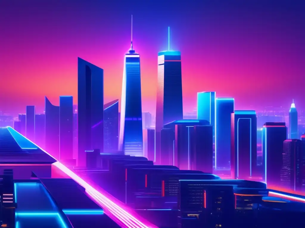 Tendencias en marketing de afiliados: Ciudad futurista nocturna con rascacielos iluminados en neon