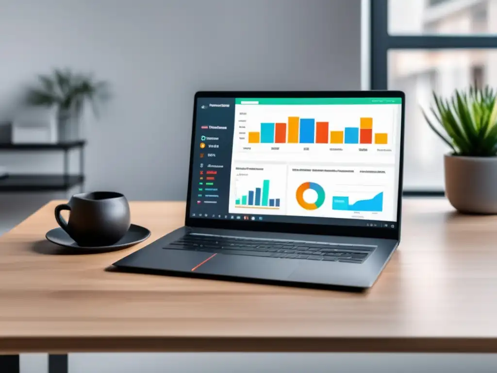 Laptop moderno en escritorio blanco con dashboard de afiliados - Mejores programas de afiliados para maximizar ingresos en marketing de afiliados